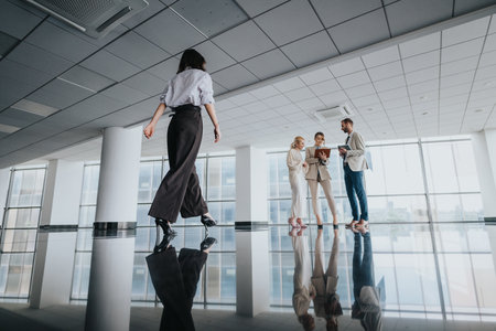 Professional colleagues discuss in a bright modern office as a woman walks toward themの写真素材