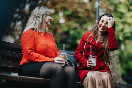 Two friends laughing on a park bench, enjoying smoothies and a sunny afternoonの写真素材