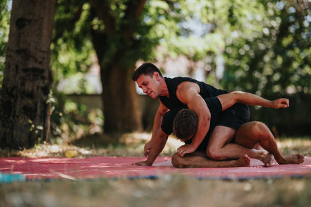 Two men wrestling on a red mat outdoors during a training sessionの写真素材