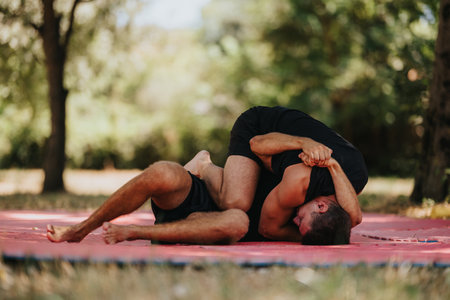 Outdoor wrestling clash on red mat in park with two men grappling intenselyの写真素材
