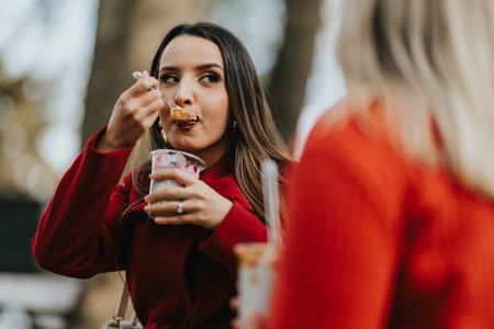 Two women enjoy ice cream outdoors in red coats during a casual daytime outingの写真素材