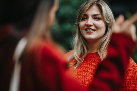 Woman in red sweater smiles during friendly conversation with a friend outdoorsの写真素材