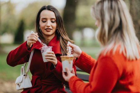 Two friends share cold desserts outdoors in autumn, wearing red and orange coats while smilingの写真素材