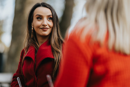 Woman in red coat chats with friend outdoors in park, smiling and stylishの写真素材