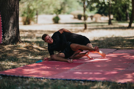 Two men wrestle on red mat outdoors in a park during a training session todayの写真素材