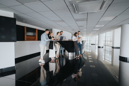 Business group gathers at a sleek lobby bar, collaborating on devices and sharing ideasの写真素材