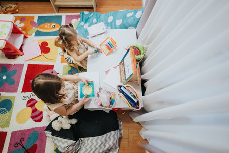 Two children crafting together in a cozy playroom environment indoorsの写真素材