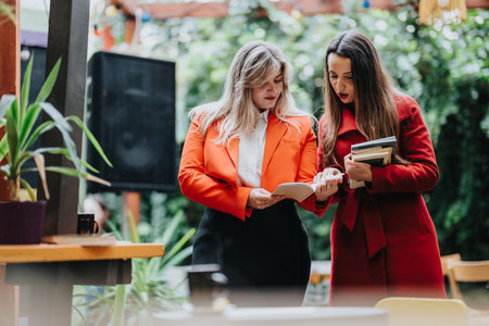 Two women in vibrant coats discuss a book at an outdoor cafe, sharing ideasの写真素材