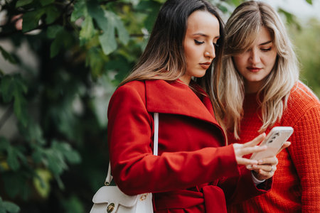 Two women looking at a smartphone together outdoors in red coats, a stylish moment of friendship and casual fashionの写真素材