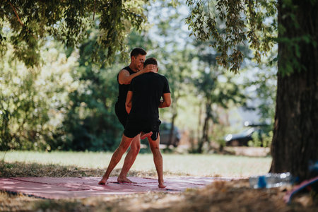 Two men wrestle on a mat in a park under trees during an outdoor training sessionの写真素材