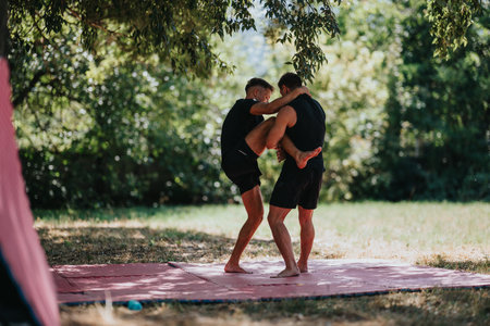 Two men wrestle on a pink mat outdoors under a tree during training sessionの写真素材