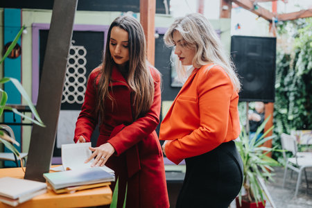 Two women in bright coats explore books at an outdoor bookstore eventの写真素材