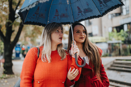 Two women walking together in the city under umbrella on an autumn day in red outfitsの写真素材