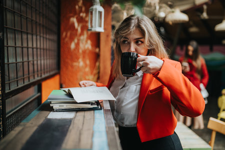 Woman in orange blazer drinks coffee beside open books at a cozy bookstore cafeの写真素材