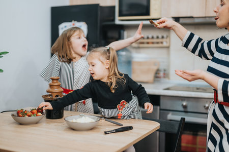 Family enjoying chocolate fondue with berries in a cozy kitchen settingの写真素材