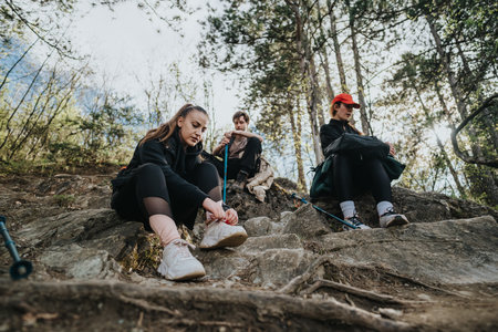 Friends taking a break on a rocky trail during a forest hikeの写真素材