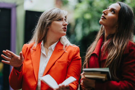 Two women in vibrant outfits talk outdoors, holding books, sharing a lively and stylish discussionの写真素材