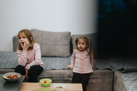 Two young girls sitting on a sofa in a cozy living roomの写真素材