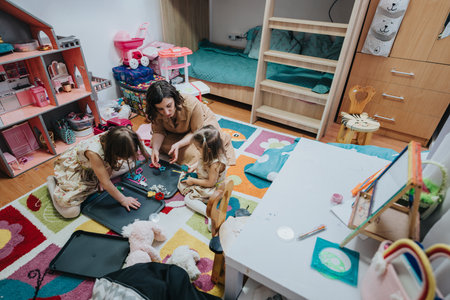 Mother and daughters engaging in creative play in colorful and vibrant roomの写真素材