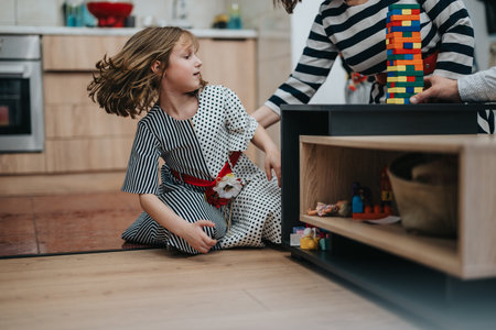 Children playing with colorful blocks in a modern family kitchenの写真素材