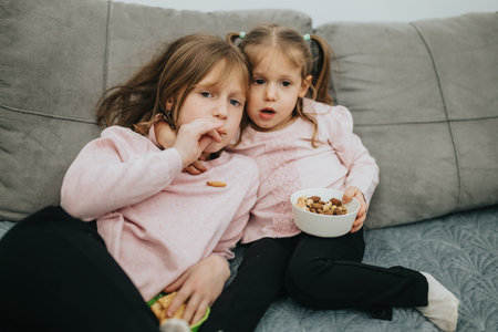 Two young girls enjoying snacks together on a grey couch at homeの写真素材