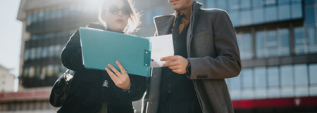 Business professionals review documents outdoors in an urban city setting with clipboard and folderの写真素材