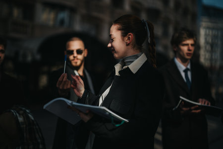 Professional woman on a city street reviews notes with colleagues during a daytime business assignmentの写真素材