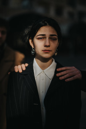 Portrait of a somber young woman in a pinstripe blazer with supportive hands behind herの写真素材