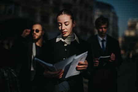 Professional trio on a city street reading documents, with focused expressions and dramatic lightingの写真素材