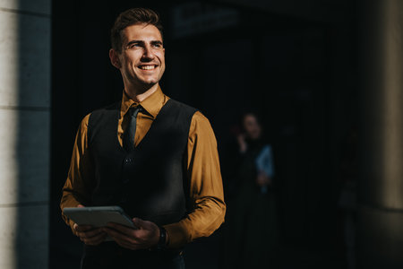 Confident businessman outside in vest and tie holding a tablet in an urban settingの写真素材