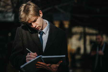 Focused business man writes in notebook while on a phone call in an urban street sceneの写真素材