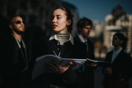 Professional woman leads document discussion with colleagues during an outdoor urban business gatheringの写真素材