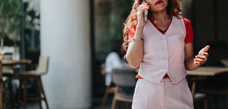 Woman on a phone in a pink vest and suit outside a cafe, conveying busy business energy and styleの写真素材