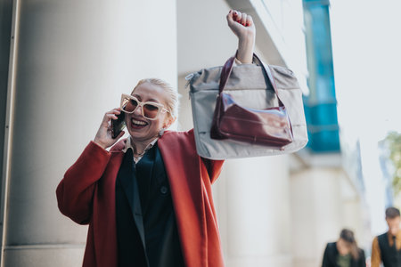 Joyful woman in red coat celebrates outdoors with handbag, phone, and raised armの写真素材
