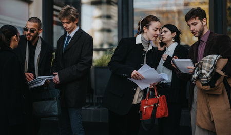 Busy colleagues in smart coats discuss documents outside a modern office buildingの写真素材
