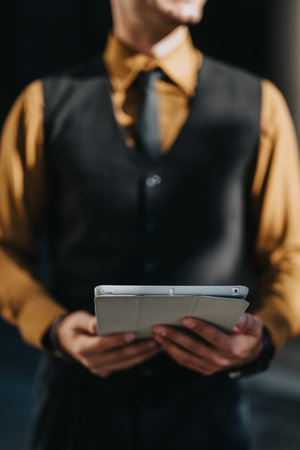 Professional man in vest holding tablet outdoors, business style, confident and focusedの写真素材