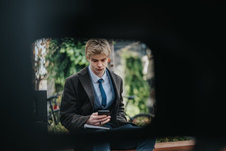Young man in coat using smartphone on bench in a park setting for modern urban lifestyle imageの写真素材