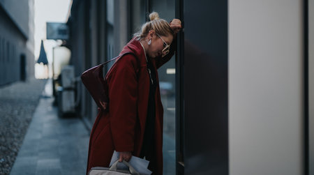 Woman in red coat leans on glass wall outside city street with bag and maskの写真素材