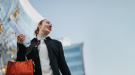 Business woman walking outdoors with papers and a brown bag in a city sceneの写真素材