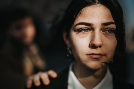 Contemplative young woman with dark hair in moody portrait lighting and soft focusの写真素材