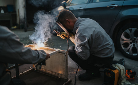 Two welders work on a metal frame outdoors as sparks flyの写真素材