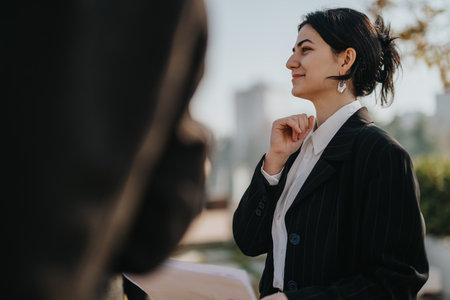 Professional woman outdoors in blazer and white shirt, smiling during a business conversation with a colleagueの写真素材