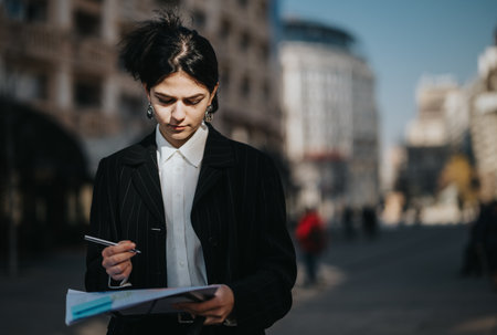 Professional woman in a pinstripe blazer reviews documents on a city streetの写真素材