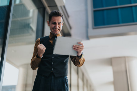 Confident businessman smiles while using tablet outdoors in a modern city building, celebrating successの写真素材