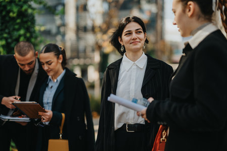 Professional group of young businesspeople outdoors, smiling and discussing documents during a networking eventの写真素材