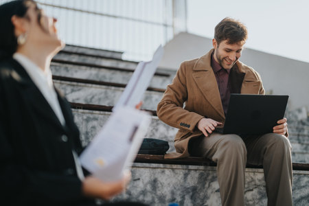Businessman on outdoor steps with laptop smiling while colleague reviews documents nearby and chats during a casual meetingの写真素材