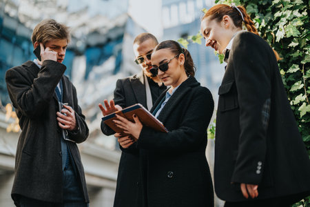Group of professional colleagues outside the office reviewing a notebook and discussing plansの写真素材