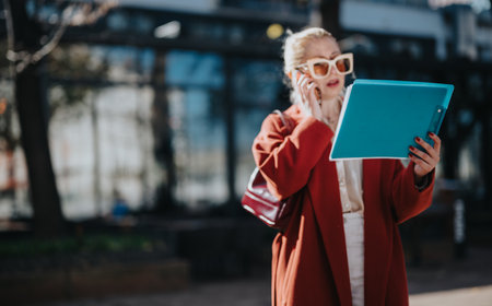 Stylish businesswoman in a red coat speaks on the phone while holding a blue clipboard in a busy urban city streetの写真素材