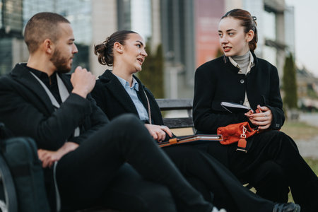 Young coworkers chat and collaborate outdoors in a city setting during a breakの写真素材