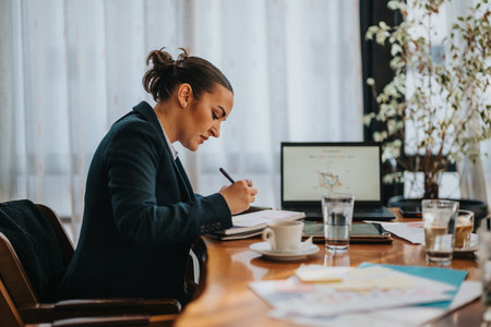 Young professional woman studies notes at a desk with laptop in a modern office environmentの写真素材